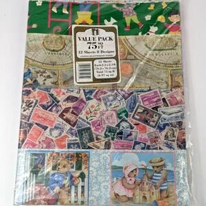 Vtg Holiday Wrapping Paper 12 Sheets 75 Sq Ft Automobiles Stamps Kids Music Map